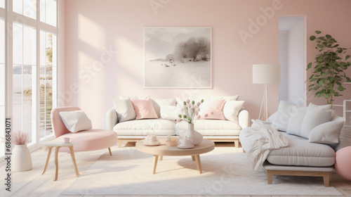 illustration of a living room interior in pastel Scandinavian design © Claudia Nass