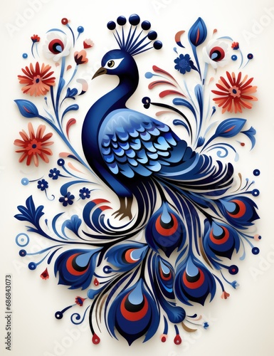 A paper art of a peacock surrounded by flowers.