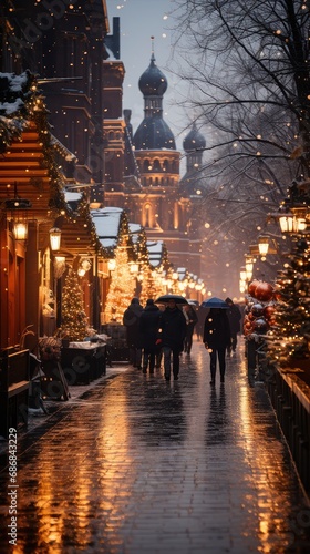 People in Christmas market, an illuminated street. Festive new year lights. © lolya1988