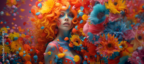 Portrait of a beautiful woman with colorful hair and makeup, surrounded by dynamic flowers and colors