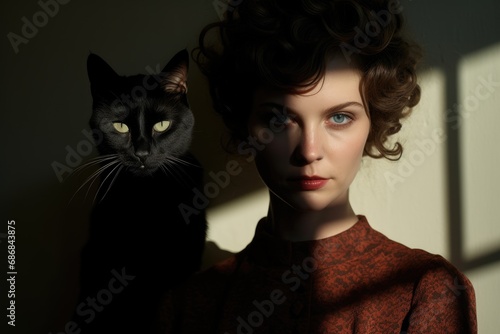 Woman's face with black cat in shadow