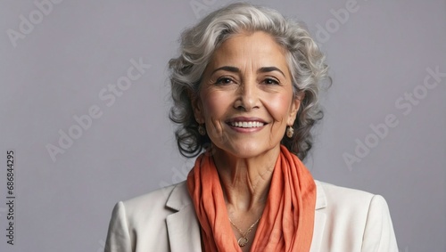 Elegant elderly Hispanic woman smiling, wearing a white blazer and orange scarf, professional portrait, gray hair, friendly expression