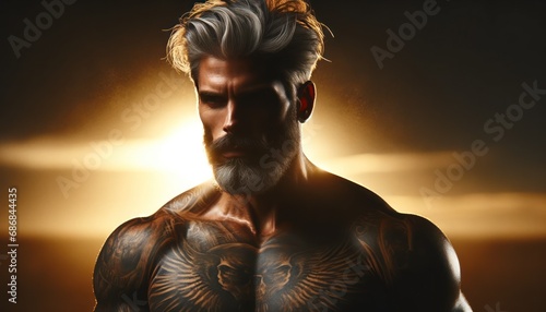 Muscular Tattooed Man with gray hair in Dramatic Backlight	