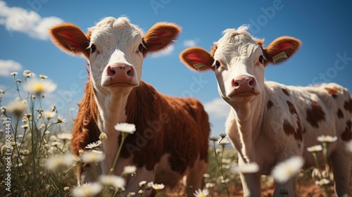 Two brown and white cows standing in a field of flowers. © tilialucida