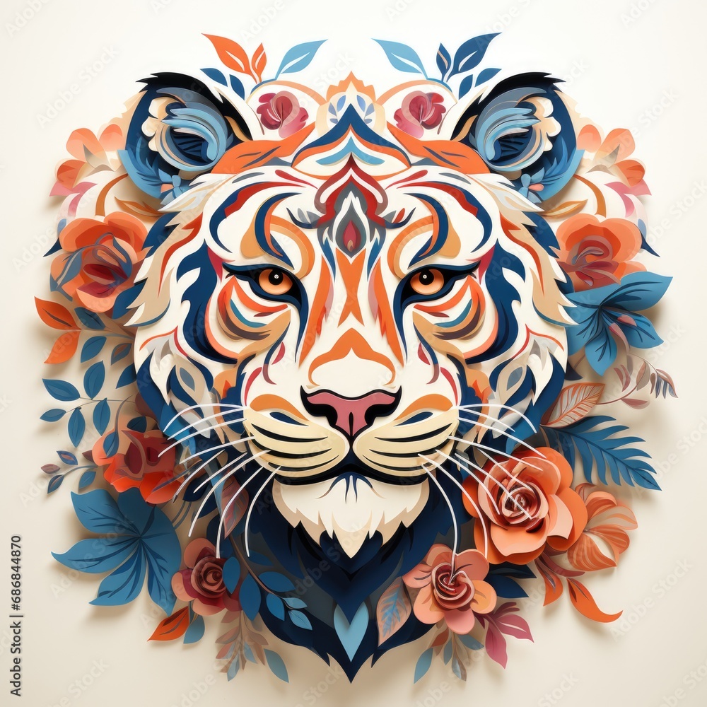 A paper cut of a tiger surrounded by flowers. A paper cut of a tiger surrounded by flowers.