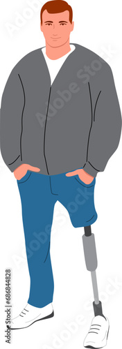 Athletic young man with a prosthetic leg.  Vector illustration with transparent background.