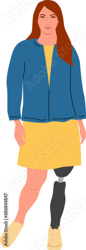 Sporty young woman with a prosthetic leg. Vector illustration with transparent background.