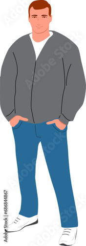 A man stands with his hands in his pockets. Transparent background. Vector illustration