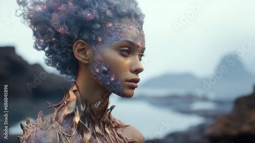 Cinematic, portraiture, realistic, featuring a mixed race humanoid-esque, made of Pietersite, iridescent,