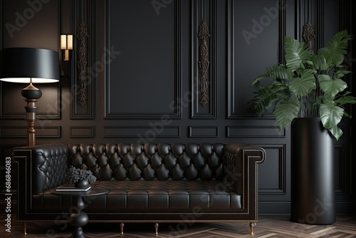 Classic interior with sofa, black walls and floor © Олег Фадеев
