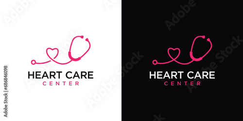 Heart Care Logo Designs. Stethoscope Healthcare with Minimalist Outline Lineart Style. Icon Symbol Vector Illustration.