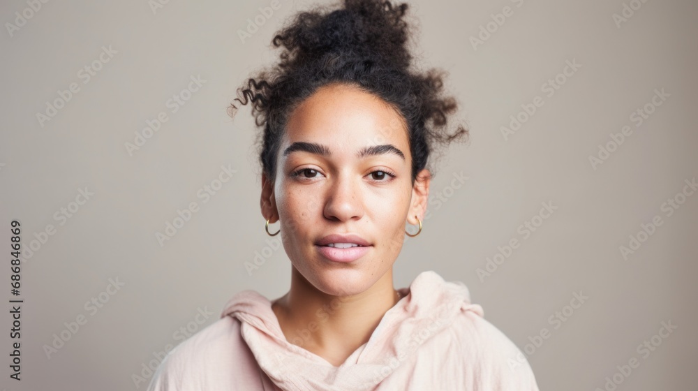 A tight shot capturing a Moroccan woman's closeup portrait, embracing her flawed skin, set against a neutral studio background. A tight shot capturing a Moroccan woman's closeup portrait, embracing her flawed skin, set against a neutral studio background.