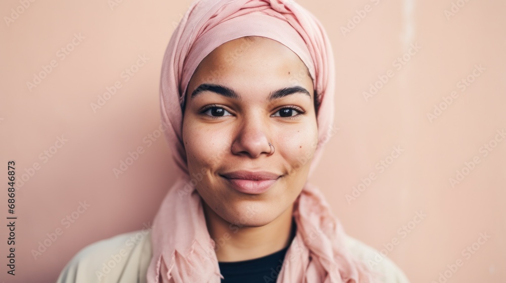 An intimate portrayal of a Moroccan woman, her imperfect skin visible as she poses against a light beige studio setting. An intimate portrayal of a Moroccan woman, her imperfect skin visible as she poses against a light beige studio setting.