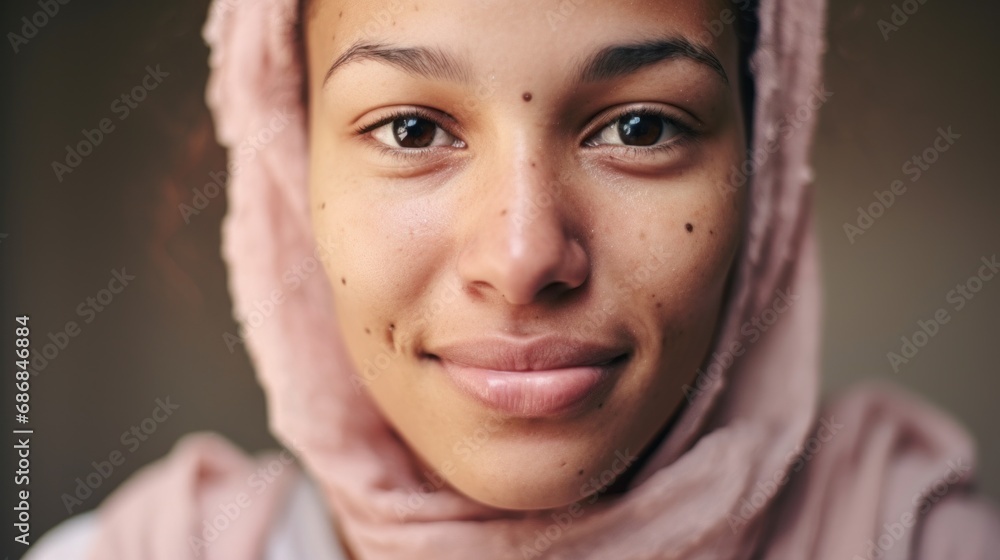 A detailed portrayal of a Moroccan woman's closeup, emphasizing her imperfect skin against a soft beige studio background. A detailed portrayal of a Moroccan woman's closeup, emphasizing her imperfect skin against a soft beige studio background.