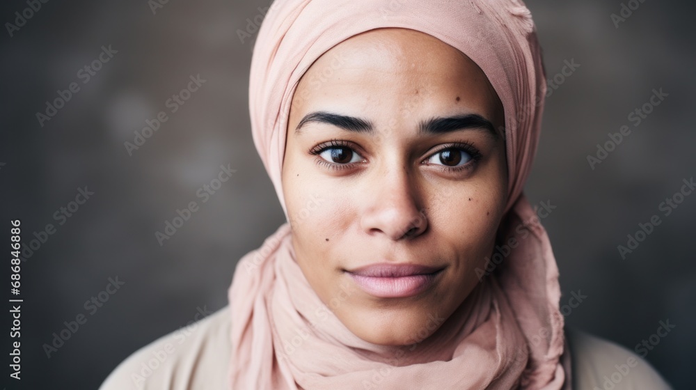 A detailed portrayal of a Moroccan woman's closeup, emphasizing her imperfect skin against a soft beige studio background. A detailed portrayal of a Moroccan woman's closeup, emphasizing her imperfect skin against a soft beige studio background.