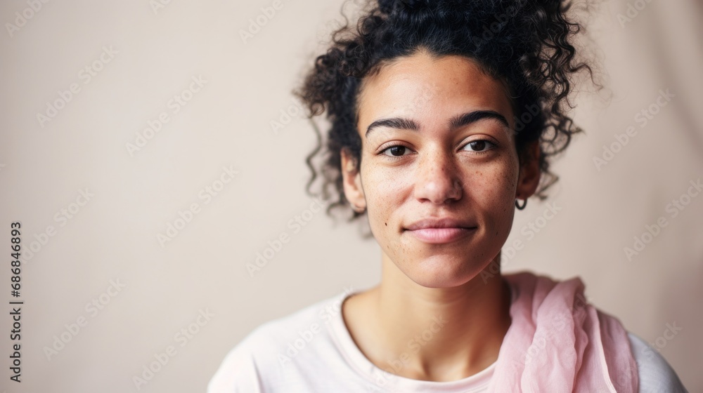 Close shot of a Moroccan woman embracing her imperfections, posing against a neutral beige studio background. Close shot of a Moroccan woman embracing her imperfections, posing against a neutral beige studio background.