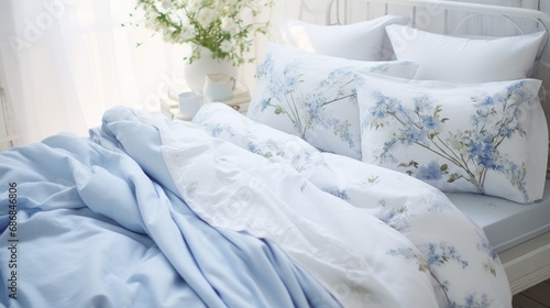 A bed with a blue comforter and pillows