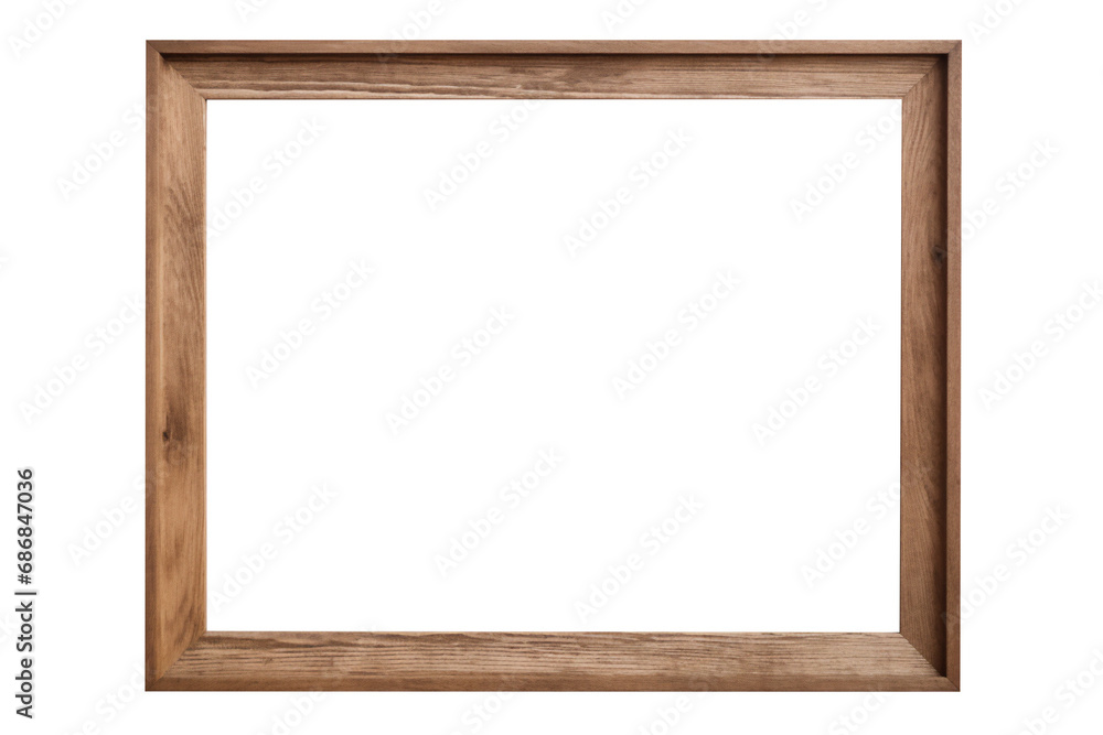 Wooden oak landscape brown  picture frame with an empty blank canvas for use as a border, png file cut out and isolated on a transparent background, computer Generative AI stock illustration  - obrazy, fototapety, plakaty 