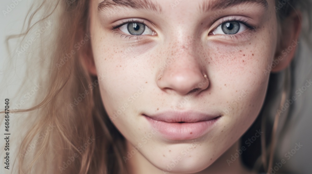 Closeup portrait of a girl embracing her flaws against a studio backdrop. Closeup portrait of a girl embracing her flaws against a studio backdrop.