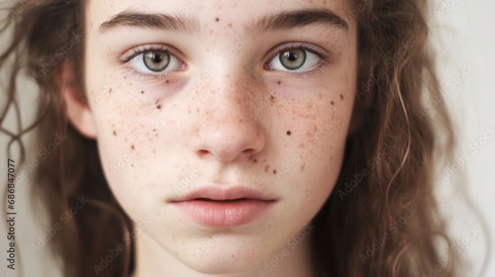 Teen with flawed skin poses against a light beige studio background. Teen with flawed skin poses against a light beige studio background.