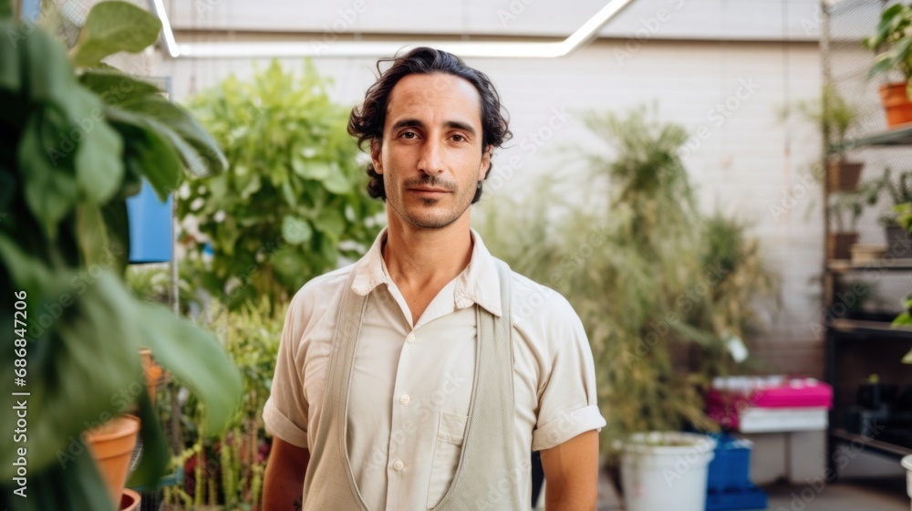 Gardener in joyful spirits, mixed skin tones, wearing work clothes, faces the camera. Gardener in joyful spirits, mixed skin tones, wearing work clothes, faces the camera.