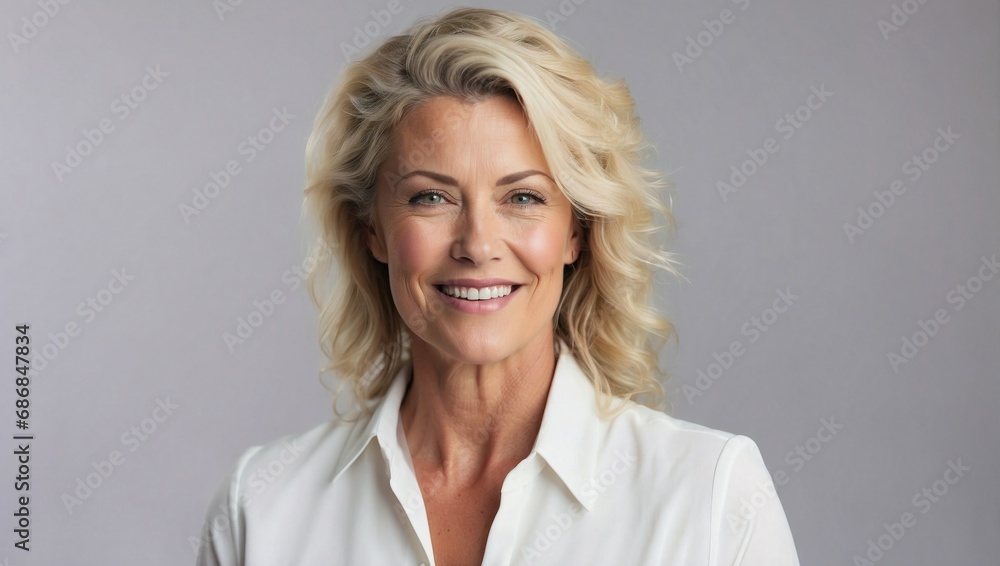 Smiling middle-aged Caucasian businesswoman with blonde hair, wearing a white blouse, professional, inviting, light background Smiling middle-aged Caucasian businesswoman with blonde hair, wearing a white blouse, professional, inviting, light background