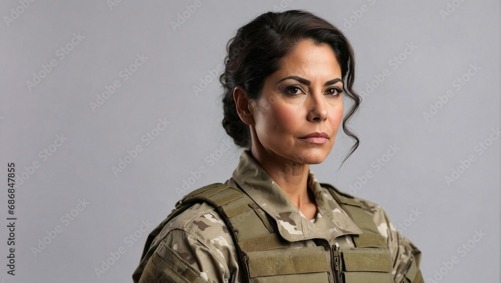 Middle-aged Hispanic female soldier with determined expression wearing tactical military vest against a neutral background Middle-aged Hispanic female soldier with determined expression wearing tactical military vest against a neutral background
