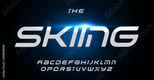 Daring Dynamic Font. Acute, Sleek Letters Embodying Skiers and Automotive Spirit, Streamlined Silver Typeface for Strength and Speed Thrill. Vector Typeset.