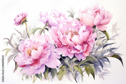 Bouquet of beautiful soft pink peony flowers on white background, watercolor illustration © Henryzoom