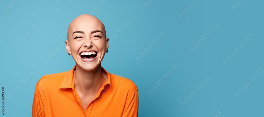 Φωτογραφία Happy Laughing Cancer Survivor Wearing an Orange Shirt on a Blue Background with