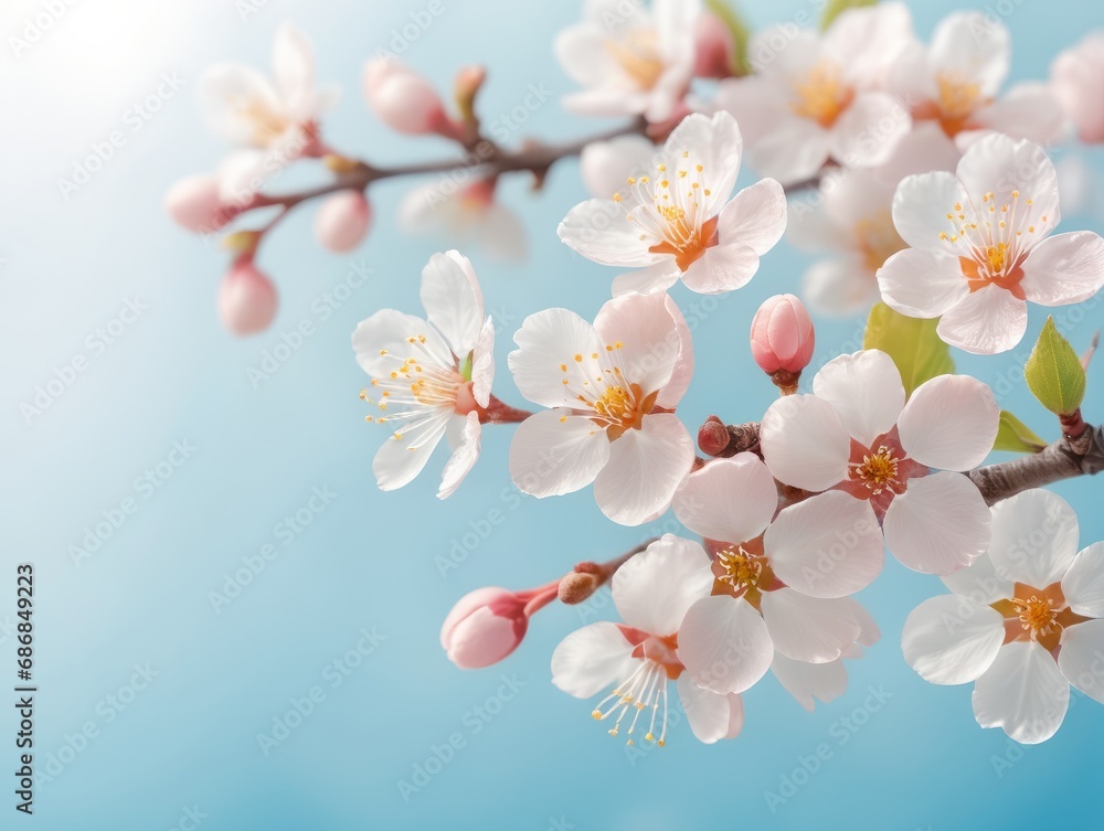 Fototapeta premium Pink flowers of blooming Apple tree in spring against blue sky on a Sunny day close-up macro in nature outdoors
