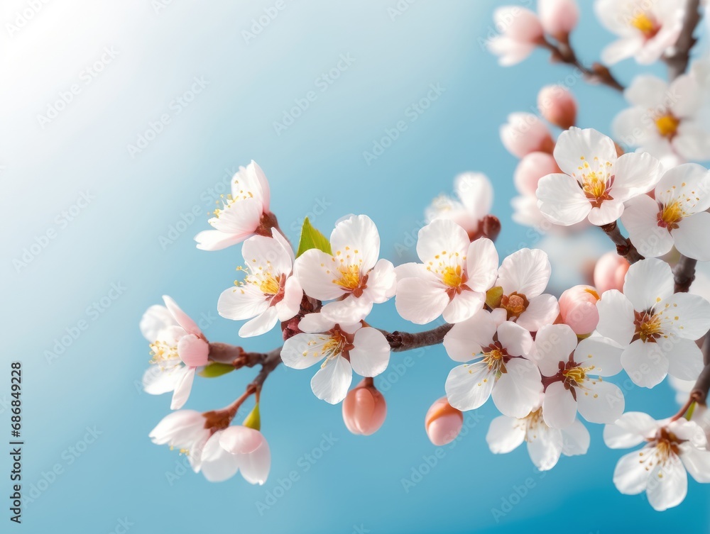 Fototapeta premium Pink flowers of blooming Apple tree in spring against blue sky on a Sunny day close-up macro in nature outdoors