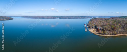 aerial panorama of the Pickwick Lake on the Tennesse River near Eastport, MS - November scenery