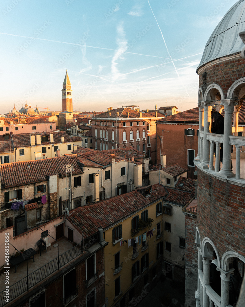 rooftop overview of the Venezia with Campanile di San Marco in the background.