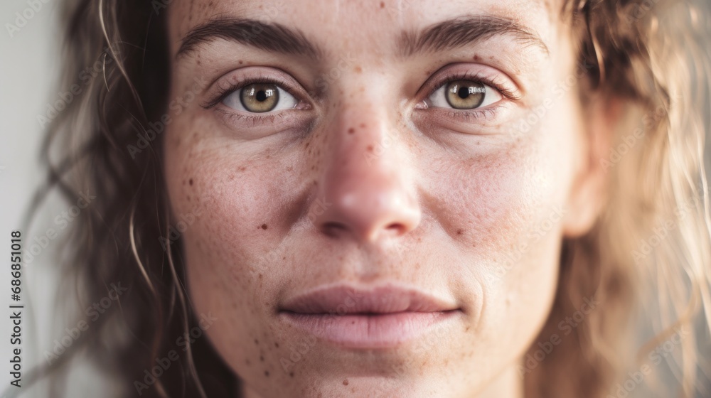 A woman from Europe poses with flawed skin against a studio light backdrop.
