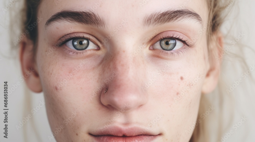 Against a beige backdrop, a woman from Europe confidently showcases her imperfect skin.