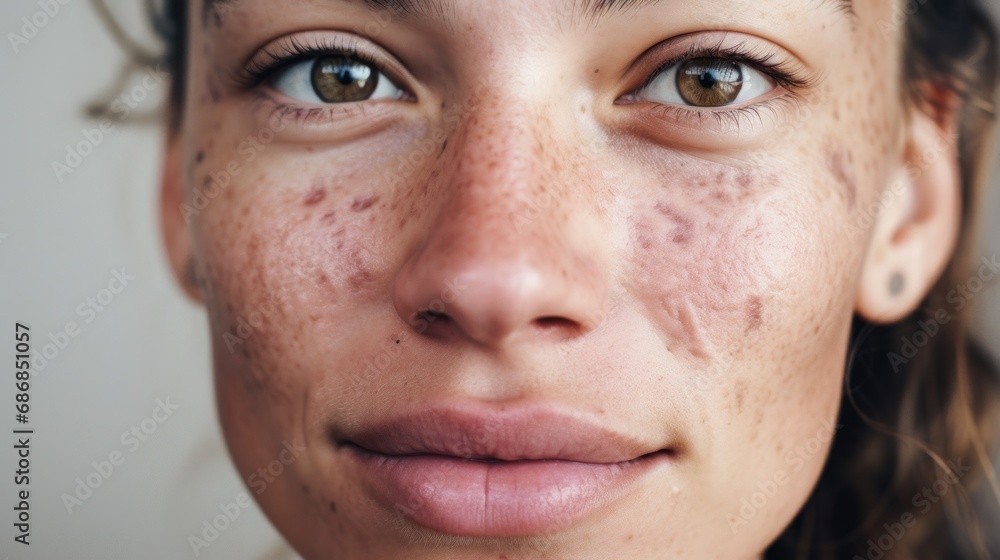 Obraz premium Embracing her flawed skin, a woman from Europe confidently looks at the camera against a beige backdrop.