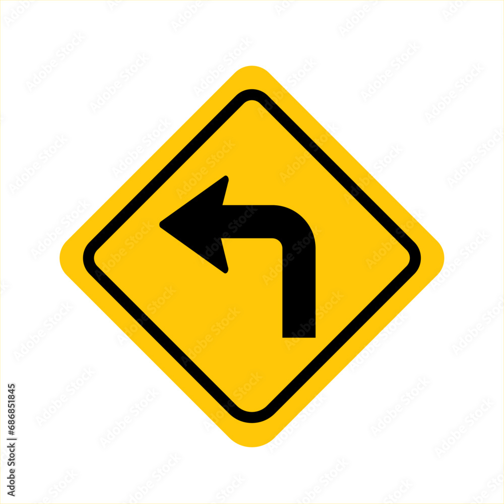 Turn left yellow road sign. Sharp left curve. Traffic warning signs. Vector illustration isolated on white background. EPS10 Turn left yellow road sign. Sharp left curve. Traffic warning signs. Vector illustration isolated on white background. EPS10