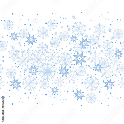 Blue snowflakes on white background. Holiday paper. Seamless background for design of fabrics, wrapping paper and wallpaper. Vector illustration.