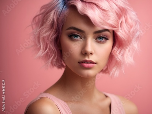 Beautiful young woman with short hair blue eyes and pink tinted hair . Hairdressing and makeup concept. Pink background