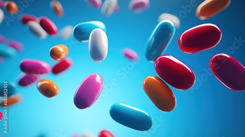 Colorful pills and capsules floating in blue background photo