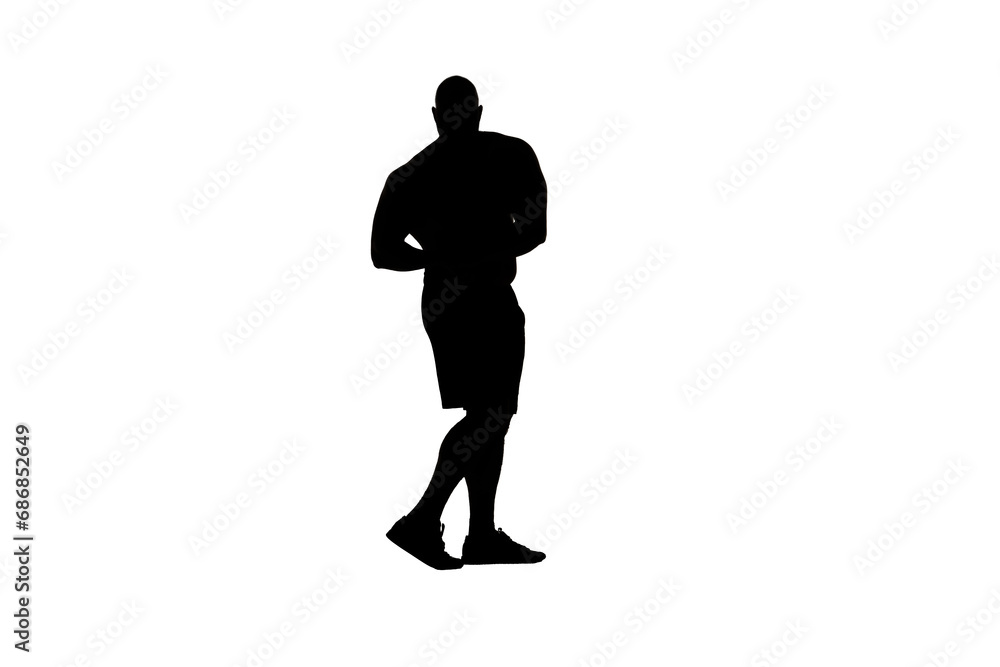 In the shot a man stands in silhouette against a white background. He is an athlete, bodybuilder, bodybuilder. Demonstrates his body, biceps and muscles. He is looking at the camera with his arm bent In the shot a man stands in silhouette against a white background. He is an athlete, bodybuilder, bodybuilder. Demonstrates his body, biceps and muscles. He is looking at the camera with his arm bent