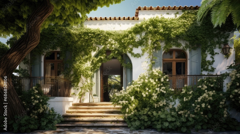 a multi-storey old house with a white facade in a minimalist style, the architectural details and the integration of green plants in the design.