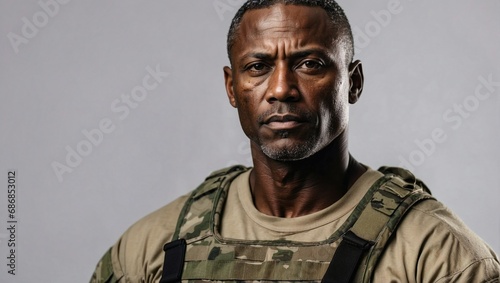 Serious black middle-aged male soldier in military gear, camouflage, intense gaze, grey background