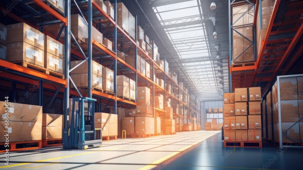 a massive distribution warehouse designed in a modern style, the vastness of the space, featuring high shelves and forklifts.
