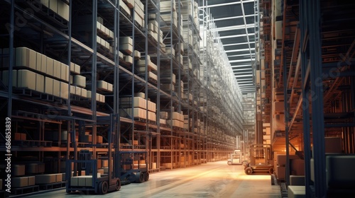 a massive distribution warehouse designed in a modern style, the vastness of the space, featuring high shelves and forklifts.