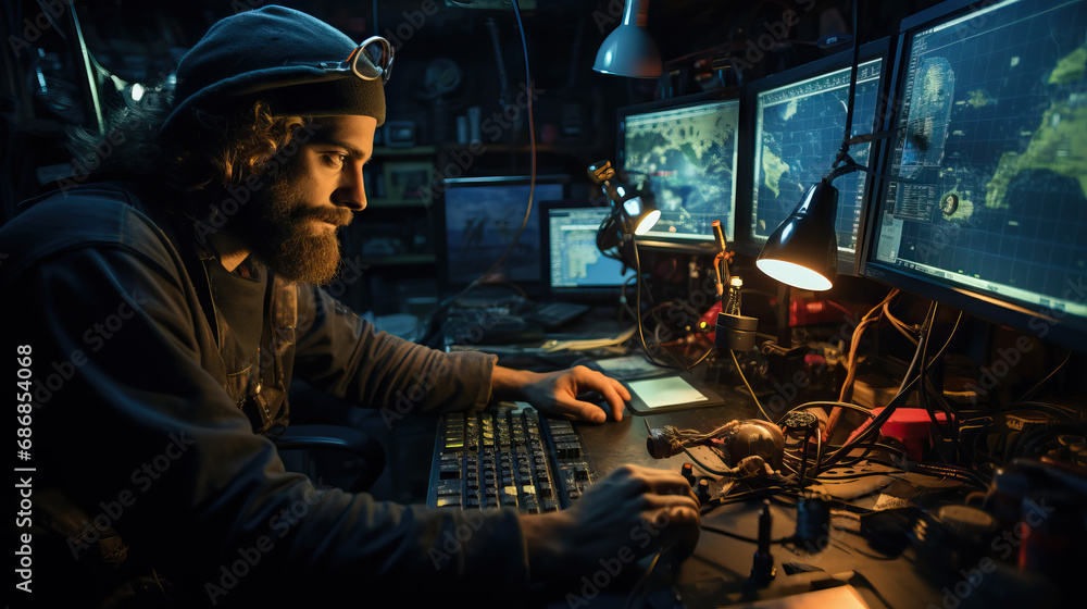 Oceanographer Mapping Seabed: A portrait of an oceanographer using advanced sonar equipment aboard a research vessel, mapping the ocean floor and studying underwater landscapes.