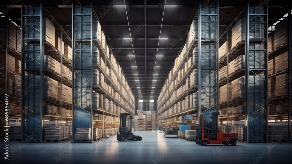 Fototapeta premium a massive distribution warehouse designed in a modern style, the vastness of the space, featuring high shelves and forklifts.