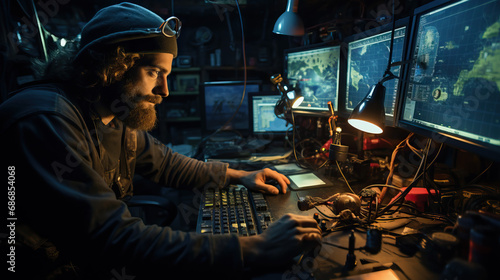 Oceanographer Mapping Seabed: A portrait of an oceanographer using advanced sonar equipment aboard a research vessel, mapping the ocean floor and studying underwater landscapes.