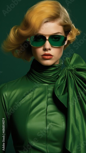 Young girls in beautiful fashionable clothes in green bottle colors  high fashion  fashion magazine cover